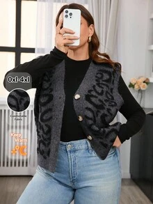 SHEIN Frenchy 秋冬大码休闲豹纹针织背心开衫 - 彩色 - 查看 1
