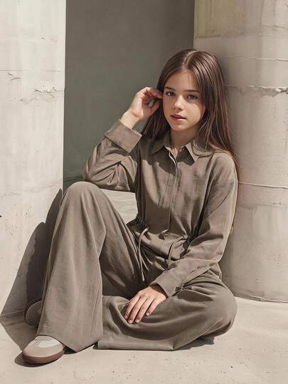 DAZY Girls (Big) Waist-Cinching Loose Long Sleeve Collared Shirt Top + Straight Leg Pants 2 Pieces Set