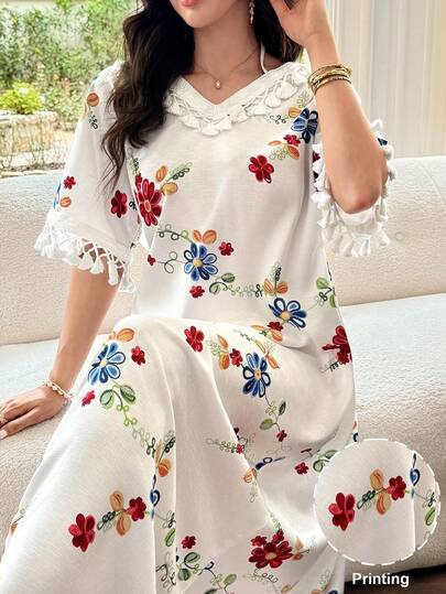 Al Najma Vestido de vacaciones floral para mujer con cuello halter en V, estampado floral colorido dulce, ribete de borlas, patchwork, manga corta, holgado y con vuelo