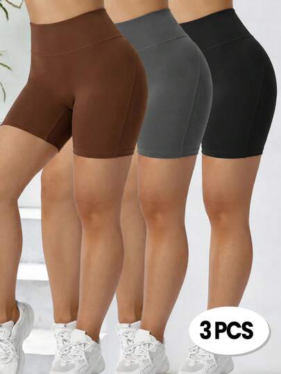 SHEIN Dewbera Conjunto de 3 piezas de shorts deportivos de cintura alta de unicolor para mujer talla grande