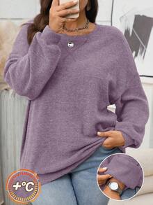 EMERY ROSE Plus Size Women Solid Color Round Neck Drop Shoulder Long Sleeve Casual Loose Sweatshirt - Dusty Purple - View 1