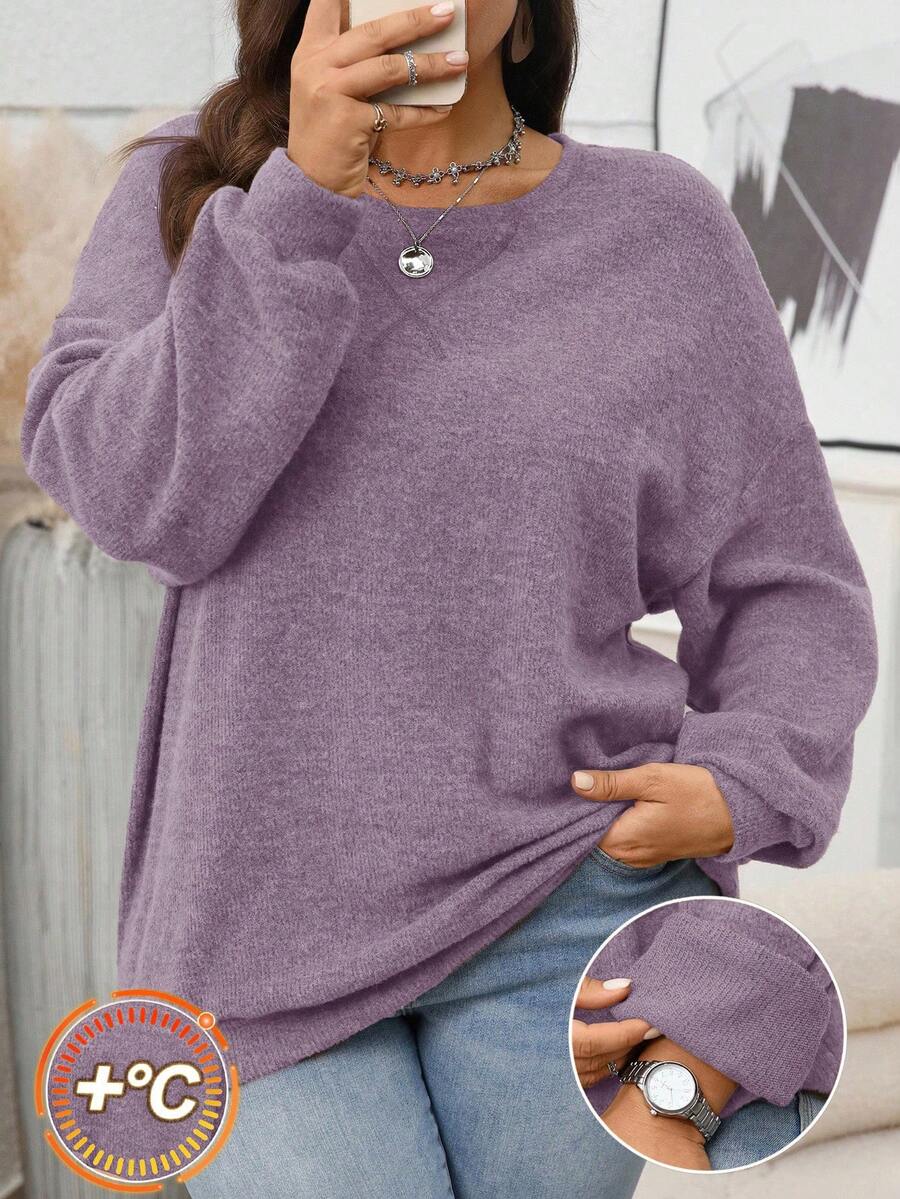 EMERY ROSE Plus Size Women Solid Color Round Neck Drop Shoulder Long Sleeve Casual Loose Sweatshirt - Dusty Purple - View 1