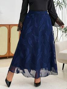 Modelyn Elegant Romantic Solid Color Chiffon Jacquard A-Line Regular Spring/Autumn Plus Size Skirt - Navy Blue - View 4