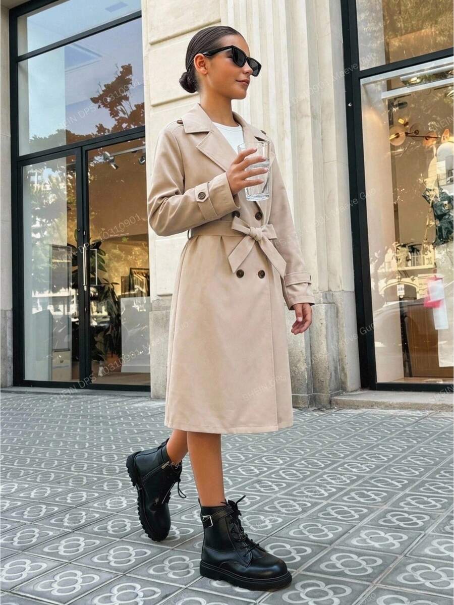 Tween Girl Casual Daily Fashion Button Long Sleeve Lapel Trench Coat - Apricot - View 1