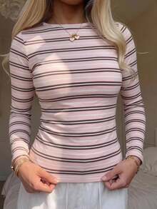 SHEIN 青少年女孩條紋長袖修身休閒T恤 - 粉色 - 查看 3