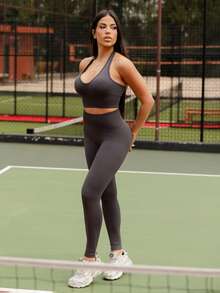 Maju Mazalli Women's Solid Color Halter Backless Fitted Short Sports Set Workout Set Summer - Dark Grey - View 3