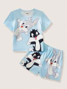 LOONEY TUNES X SHEIN Baby Boy Cartoon Print Crew Neck Short Sleeve Top And Shorts Casual Sleepwear Set - Baby Blue - View 1