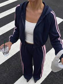 SHEIN 3件組女孩青少年連帽衛衣套裝，長袖開襟短夾克、白色細肩帶背心、鬆緊腰寬腿長褲，休閒日常穿搭，秋季開學校園服飾 - 藏蓝色 - 查看 4