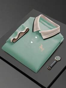 Calvornis 男士珠飾羅紋領刺繡短袖休閒 Polo 衫 - 綠色 - 查看 2