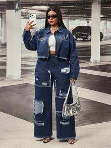 Slaydiva Cowgirl Outfit Plus Size Women's Blue Non-Stretch Rhinestone Embellished Long Sleeve Jacket - Dark Wash - View 8