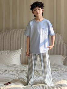 DAZY Tween Boy Summer Casual Comfortable Pocket Tee And Plaid Shorts Pajama Set Spring - Blue - View 6