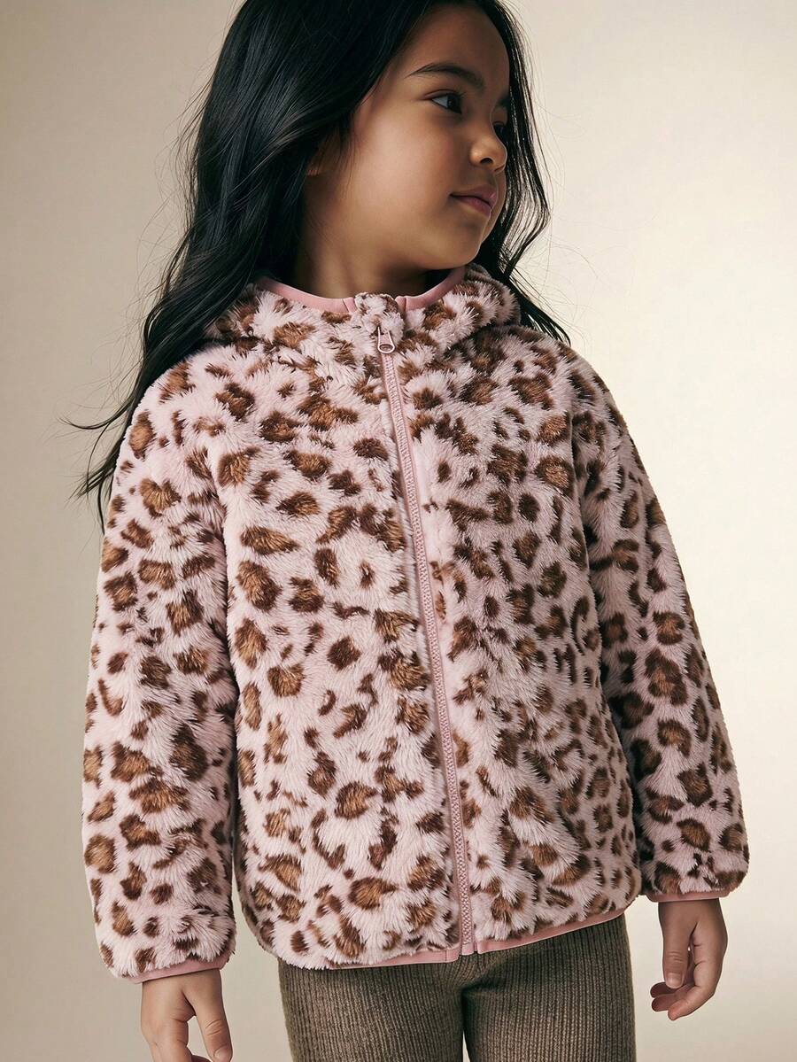 Maija Kids Maija Kids 1件少女可愛休閒精緻舒適粉色毛絨豹紋連帽外套,適合返校、外出、休閒活動、派對,適用秋冬 - 粉色 - 查看 1