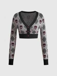 ROMWE Y2K Halloween Skeleton Argyle Pattern Autumn/Winter All-Match Versatile Slim Fit College Style Women's Cardigan - Grey - View 1