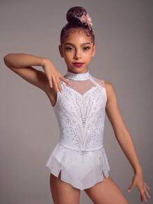 Tween Girls All White Gymnastics Leotard, Printed Design With Rhinestones, High Elasticity 4-Way Stretch Fabric, Comfortable Form-Fitting, Dance - White - View 4