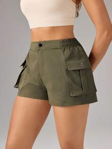 OutZeal Women Sports Shorts Gym Workout Back Elastic Waist With Pockets Cargo Shorts - Army Green - View 5