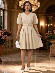 SHEIN Lady Women's Summer Elegant Puff Sleeve Midi Dress With Belt Elegant Dress Casual Dresses Work Dresses For Women Back To School Summer Going Out Outfits - Apricot - View 5