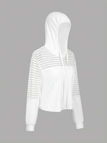 Streetz SHEIN Sport Color Block Striped Cropped Sweatshirt Patchwork Striped Fabric On Shoulder And Upper Sleeves, Solid Fro - White - View 6