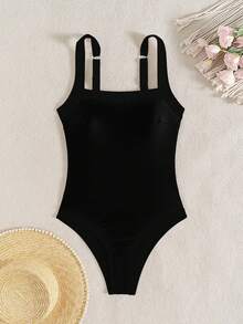 Swim Basics 2026春夏女款厚實可調肩帶純黑色拼接優雅修身連身比基尼泳衣，度假適用 - 黑色 - 查看 2