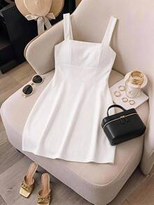 Slaydiva Summer Fitted Square Neck Sleeveless Backless A-Line Short Dress For Women Vacation White Tropical Vacation Tropical - White - View 9