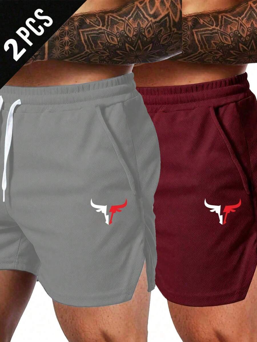 Gym Rark Men's Bull Head Print Drawstring Waist Sports Shorts, Gym - Light Grey - View 1