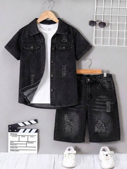SHEIN Boys' Black Grey Washed Denim Short Sleeved Jacket And Shorts Set, With Perforated Design And Pocket Design, Suitable For Back To School Season