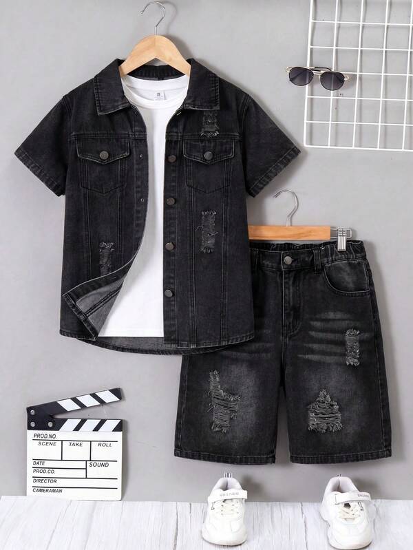 SHEIN Boys' Black Grey Washed Denim Short Sleeved Jacket And Shorts Set, With Perforated Design And Pocket Design, Suitable For Back To School Season