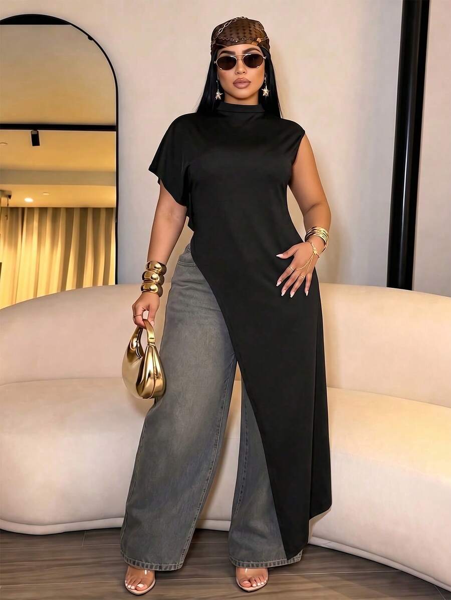 SOLERSUN Plus Size Women's Spring And Summer Solid Color Small Stand Up Collar Slit Long T-Shirt - Black - View 1