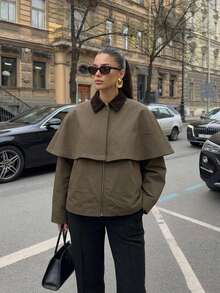 Firerie Jaket Kardigan Syal Vintage Kasual Wanita Warna Hijau, Mantel Trench Pendek Musim Gugur, Jaket Gudang, Gaya Jalanan Kasual untuk Beraktivitas di Luar Ruangan - Coklat - View 4