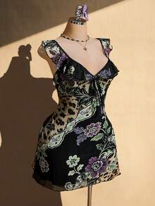 SHEIN ICON Women's Plus Size Floral Print Patchwork Ruffle Hem Front Tie Dress For Vacation - Multicolor - View 5