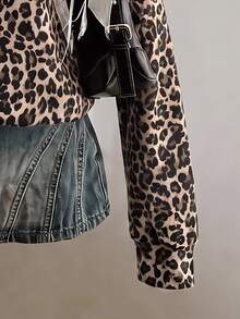 SHEIN EZwear 女款經典豹紋半拉鍊運動衫，棕色調，秋季休閒街頭風，適合多種場合，Y2K復古風，返校季秋冬上衣 - 彩色 - 查看 4