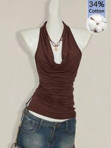 SHEIN ICON 女款棕色復古設計性感露背串珠垂領背心 - 棕色 - 查看 11