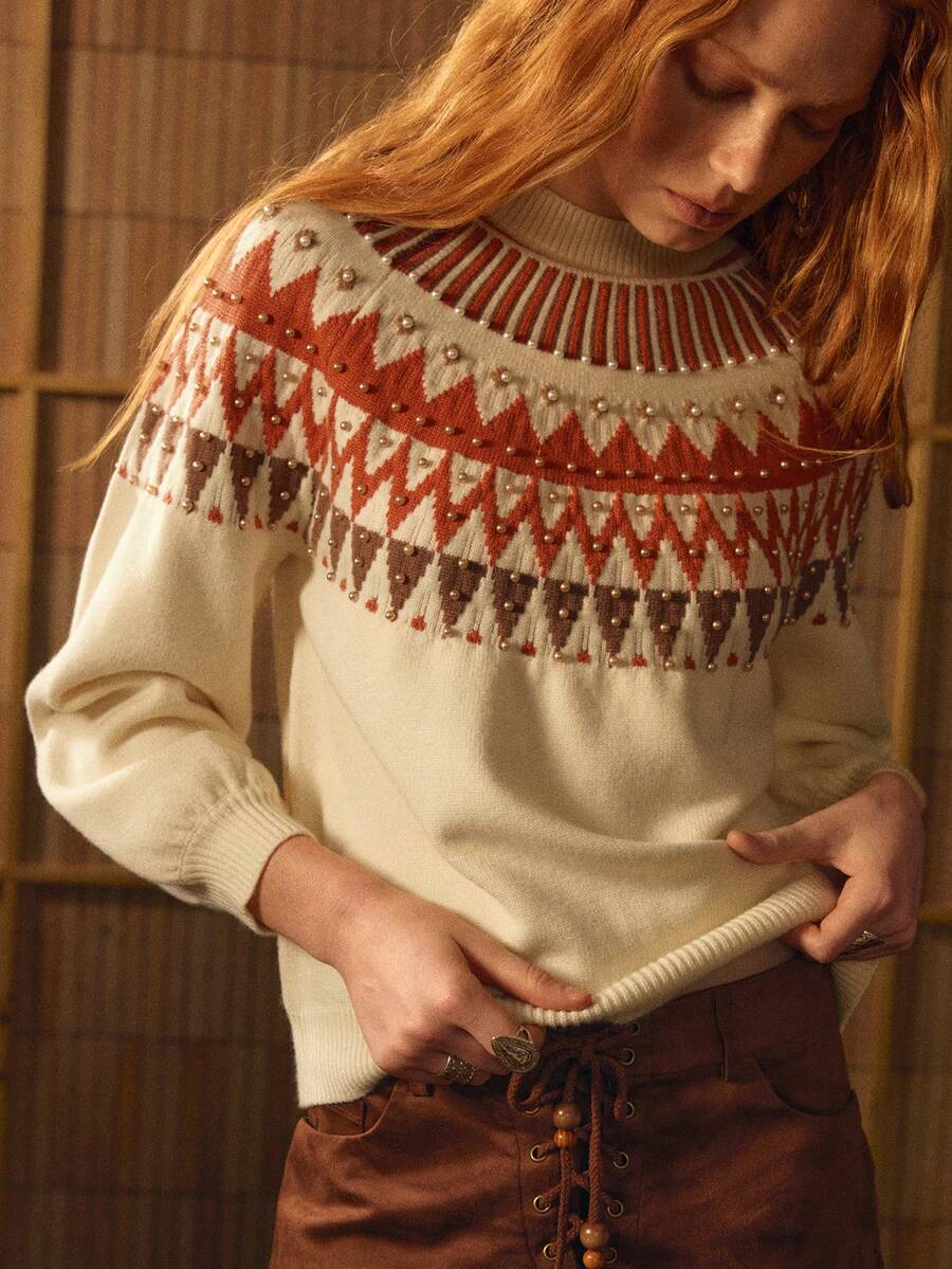 MOTF STUDIO FAIR ISLE PATTERN MOCK NECK FAUX PEARLS LOOSE KNIT SWEATER - Camel - View 1