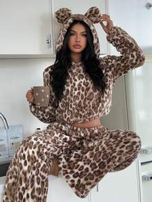 ZzzCrew Women's Double-Sided Arctic Print Apricot Leopard Pattern Hooded Pajama Set - Apricot - View 8
