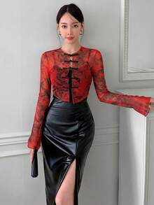 EastFlair Plus Size Women's Fashion Sexy Dragon Pattern Mesh Frog Button Top Autumn Date Night Brunch Cocktail Red - Red - View 3