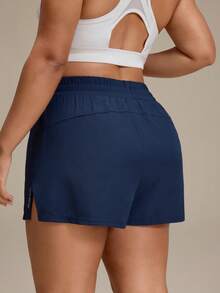 SHEIN Unity Quần short thể thao size lớn màu xanh navy có túi trong, phong cách thể thao thường ngày cho phòng gym mùa hè - Màu xanh hải quân - Xem 2