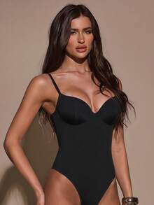 SHEIN BAE Women's Elegant Black Camisole Bodysuit, Fashionable For Spring/Summer - Black - View 4