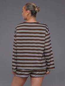 Voyena Women's Plus Size Striped Colorblock Long Sleeve Top And Shorts Casual Daily Sports Set - Coffee Brown - View 2