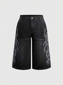 ROMWE Grunge Punk Vintage Street Style Plus Size Denim Wide Leg Capri Pants With Totem Print Loose Straight Leg Casual Versatile Jeans - Black - View 5