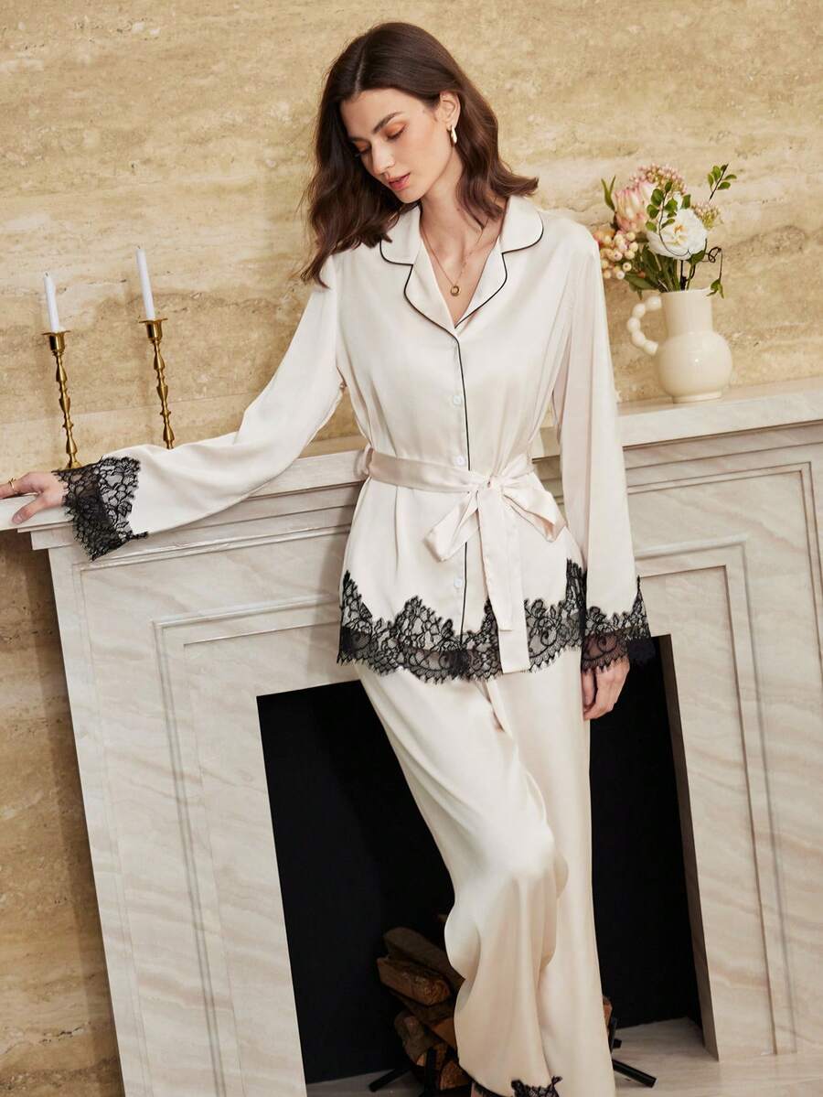 Moireta French Elegant Romantic Lace Contrast Color Women's Satin Pajama Set - Apricot - View 1