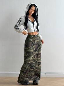 SHEIN HypeZone 女款迷彩休閒日常牛仔裙，附口袋與鈕扣設計 - 軍綠色 - 查看 6