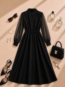 Formidée Plus Size Minimalist Elegant Embroidered Mesh Sleeve Tie Waist Women's Dress Fall - Black - View 2