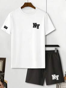 Manfinity Homme 男士字母印花短袖T恤與短褲休閒日常兩件套 - 彩色 - 查看 2