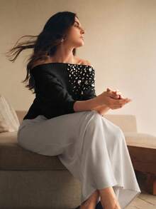 Anewsta 女款露肩聖誕優雅珠飾冬季針織毛衣 - 黑色 - 查看 6