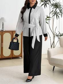 Modelyn Plus Size Women Polka Dot Long Sleeve Side Knot Shirt And Wide Leg Pants Casual Set - Black - View 3