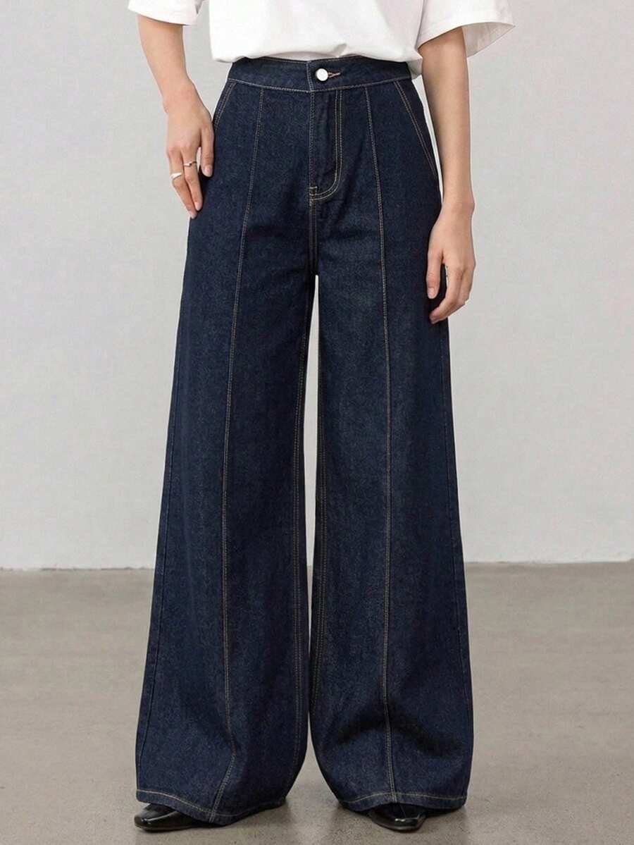 Dazy-Less 女款寬鬆休閒拼接商務通勤原色寬腿牛仔褲,秋冬/夏季 - 深色水洗藍 - 查看 1