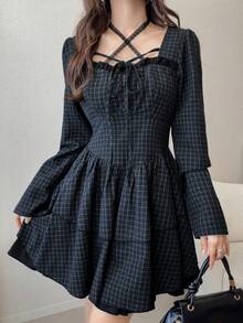 FRIFUL 女款休閒可愛哥德風格紋短洋裝，黑白格紋，適合約會、日常、夜晚外出、上學通勤、教師、小學、秋季萬聖節 - 藏蓝色 - 查看 7