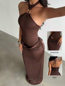 SHEIN Glamour Setelan Dua Potong: Bodysuit Model Halter Silang dengan Cincin Logam dan Rok Maxi Lurus dengan Detail Kerut di Pinggang, Pakaian Pesta Malam Wanita - Coffee Brown - View 1