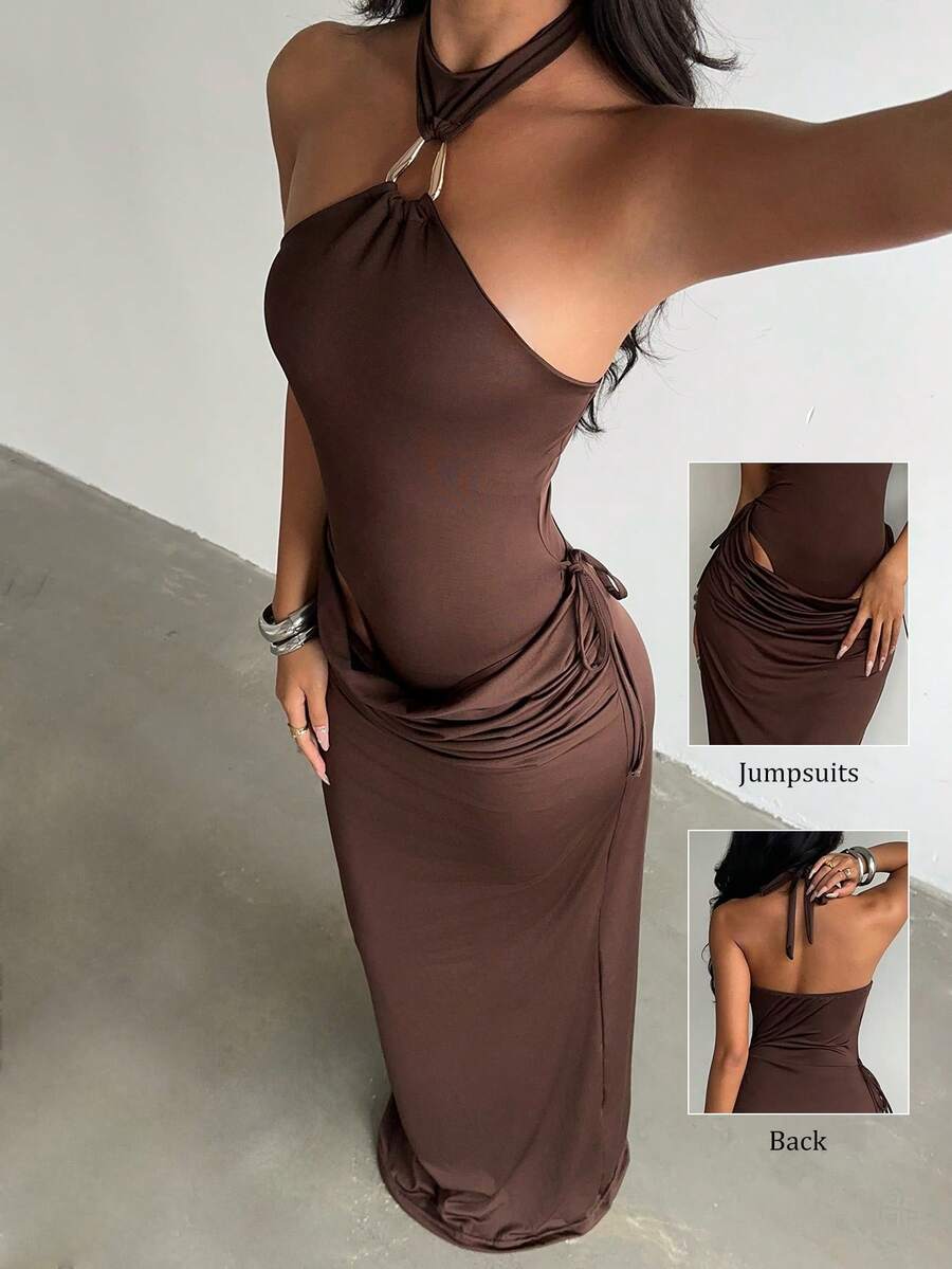 SHEIN Glamour Setelan Dua Potong: Bodysuit Model Halter Silang dengan Cincin Logam dan Rok Maxi Lurus dengan Detail Kerut di Pinggang, Pakaian Pesta Malam Wanita - Coffee Brown - View 1