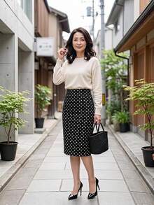 Medorina 女款經典黑色波點圖案休閒優雅日常街頭風裙子，現代都市時尚商務休閒辦公穿搭，低調老錢風 - 彩色 - 查看 2
