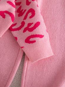 SHEIN Playful Pals 女童豹紋高領長袖毛衣與直筒長褲套裝，休閒外出與派對百搭秋季穿搭 - 粉色 - 查看 5
